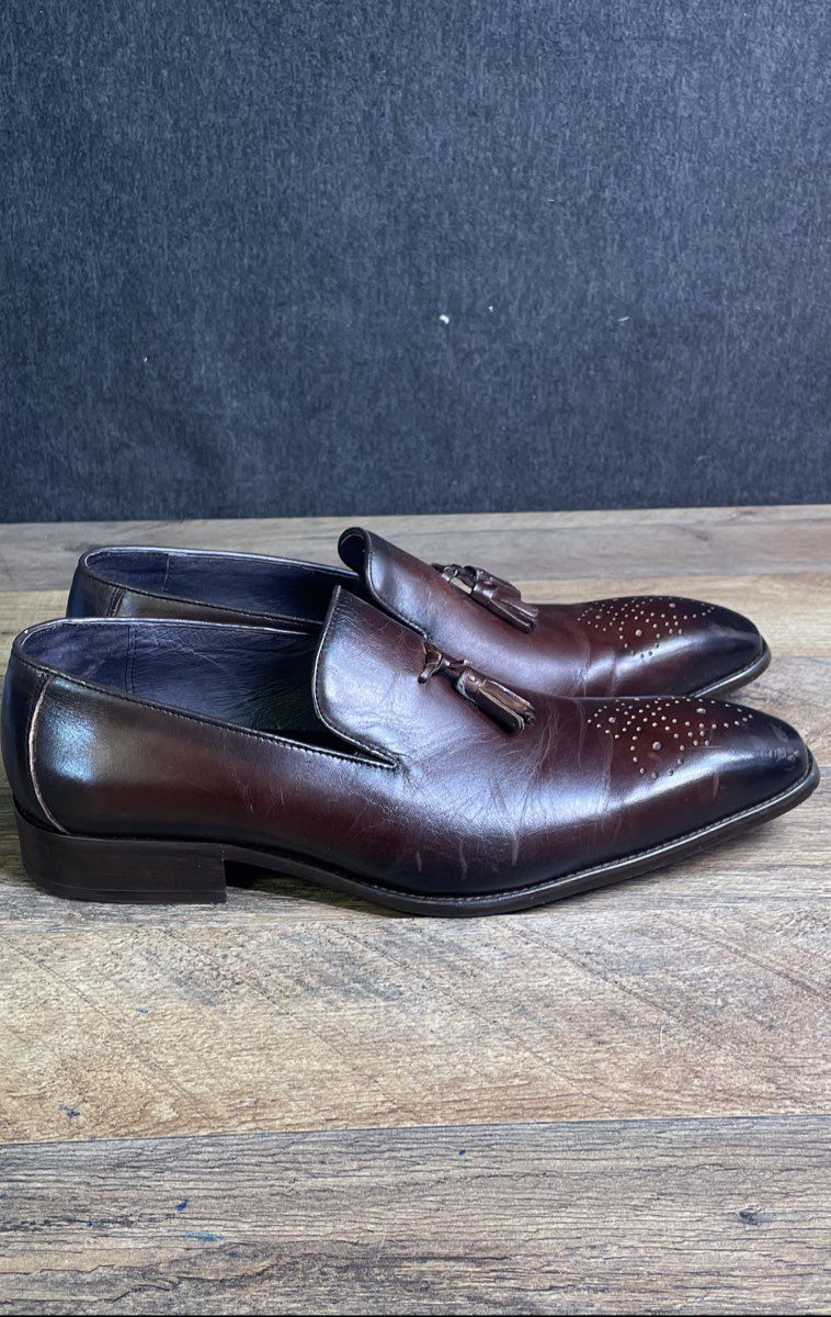 Garrucci KS503 Chestnut Dark Burgundy Leather Tassel Medallion Loafers Size 11