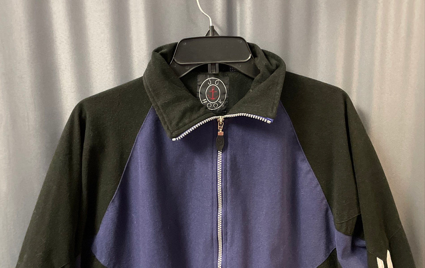 Vintage 90s J.G. Hook Men's Black Blue Full Zip Fleece Jacket Striped Sz M