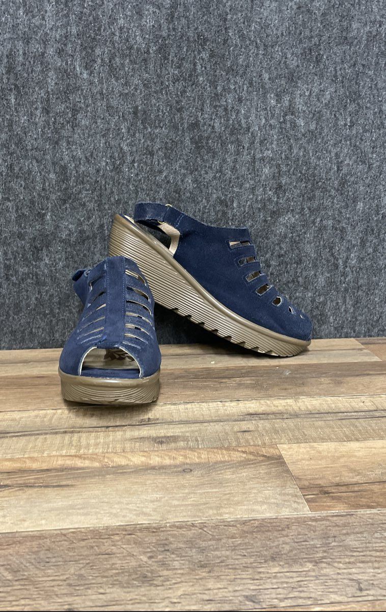 Skechers Parallel Trapezoid Navy Suede Wedge Sandals Women's Size 8.5
