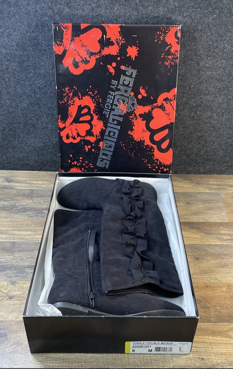 Fergalicious Fergie Tossle Too Black Microfiber Ruffle Boots Size 8
