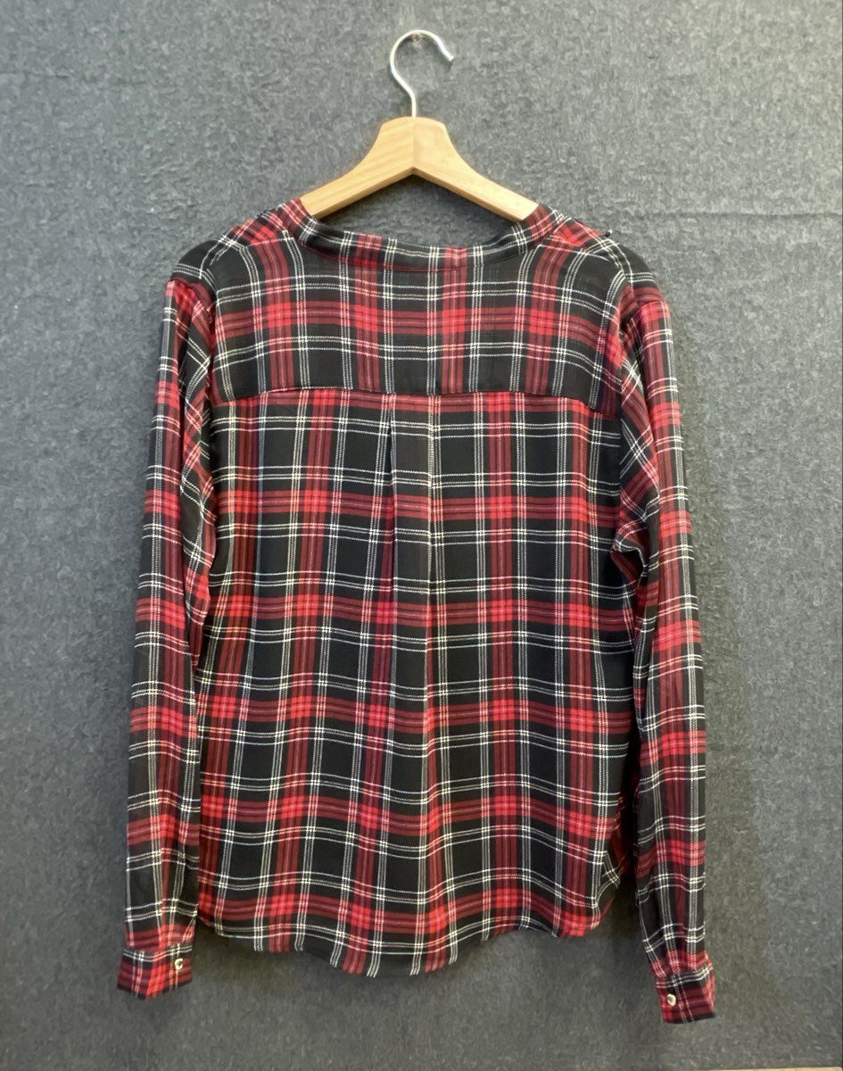 Tommy Hilfiger Women's Red Black Plaid Ruffle Tie Neck Semi Sheer Blouse Sz L