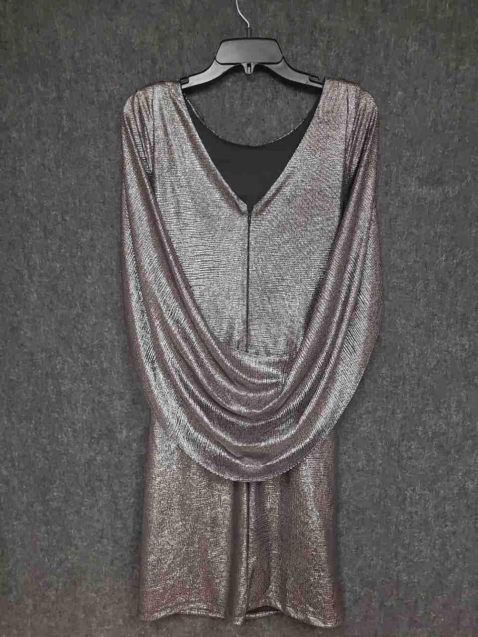 R&M Richards Women's Gunmetal Metallic Ruched Draped Back Cocktail Dress NWT 6
