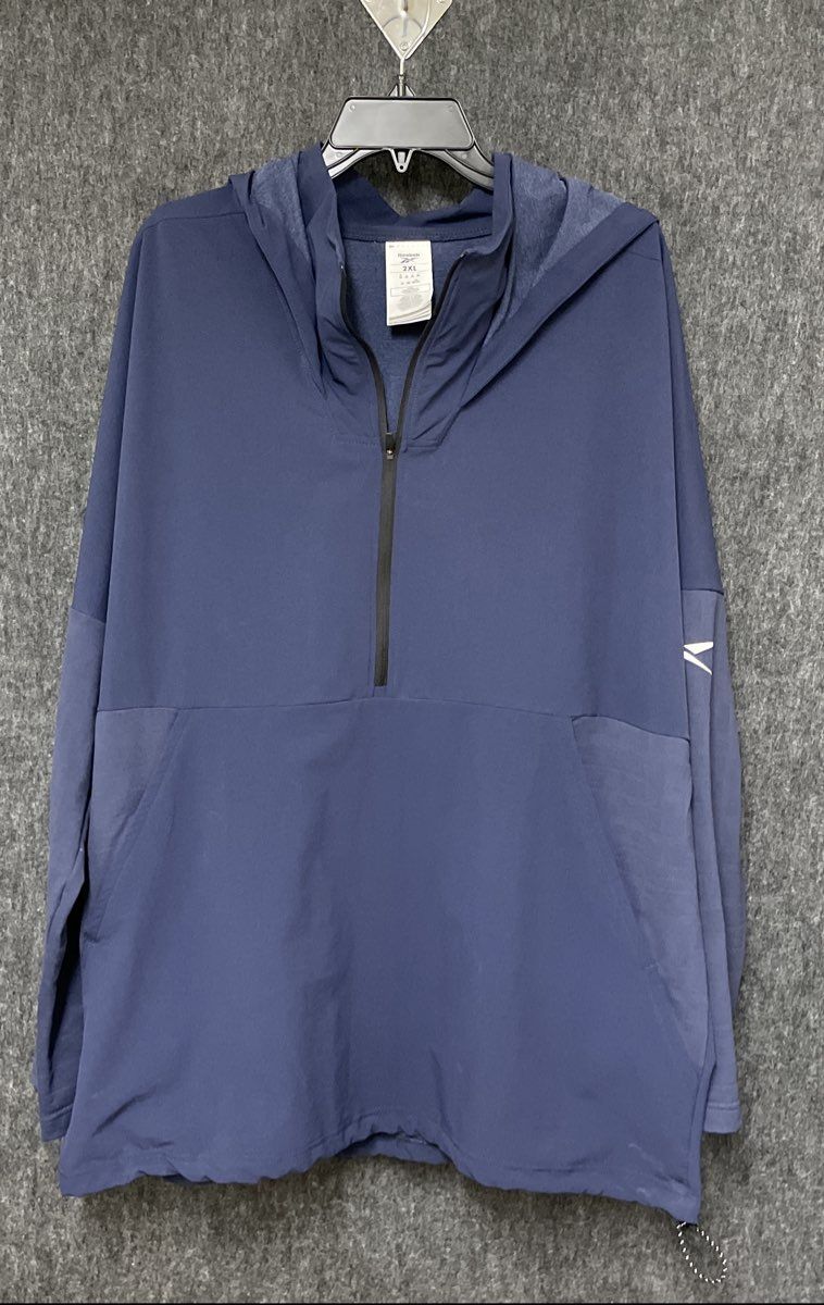 Reebok Men's Navy Blue Half-Zip Hooded Jacket Pullover Pouch Pocket Sz 2XL