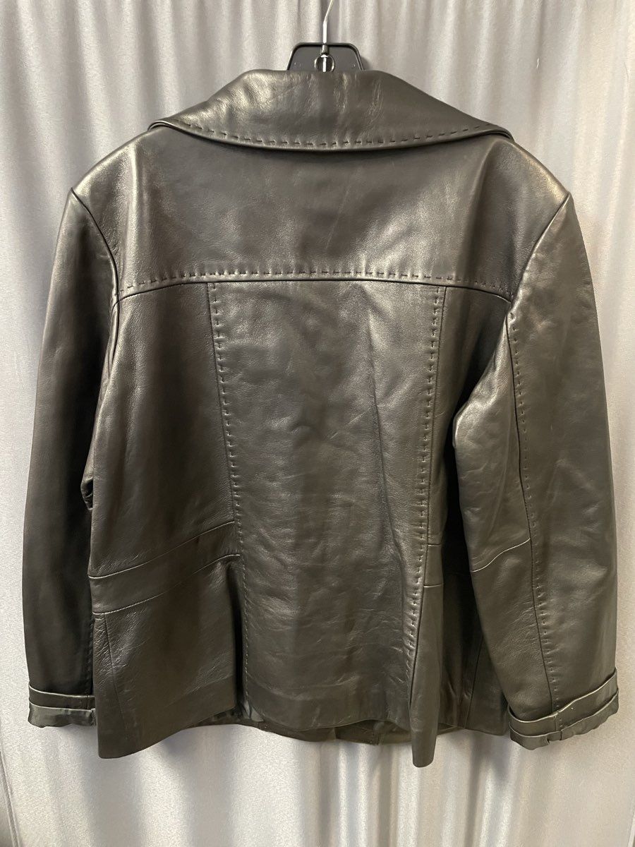 Tibor Leathers Women's Black Leather Collared Button Up Coat Sz XL