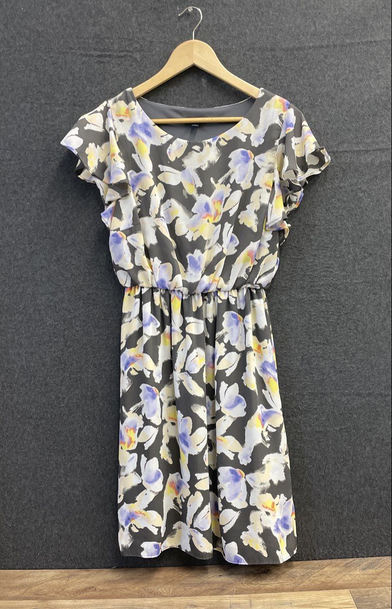 Apt 9 Women's Gray Floral Watercolor Flutter Sleeve Elastic Waist Dress Sz M
