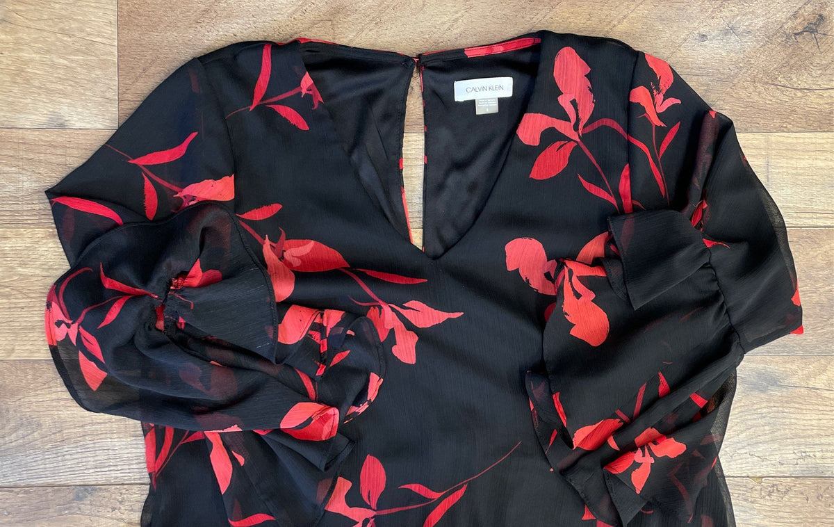 Calvin Klein Women's Black Red Floral Ruffled Bell Sleeve V-Neck Dress Sz 6