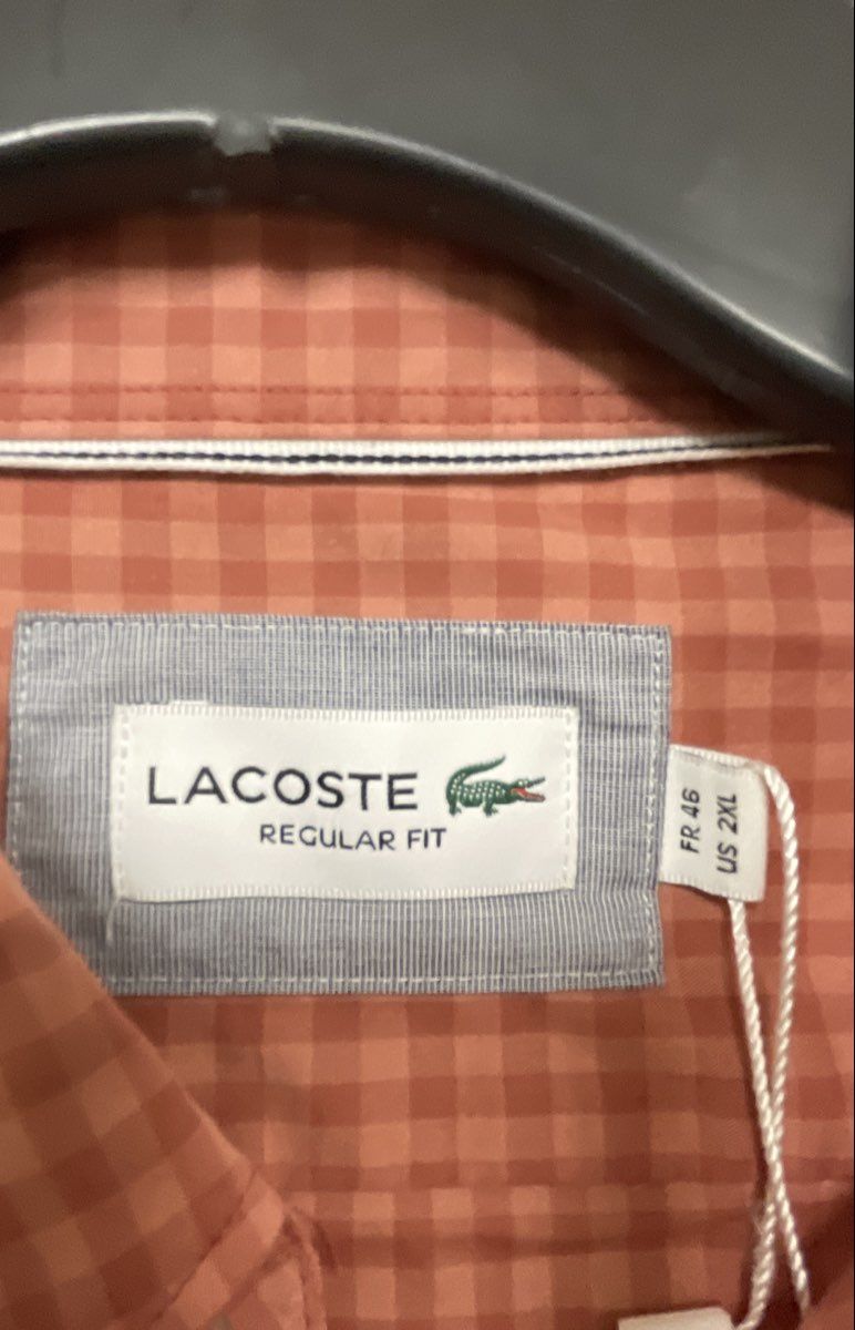 Lacoste Men's Orange Gingham Regular Fit Long Sleeve Button Down Shirt Sz 2XL