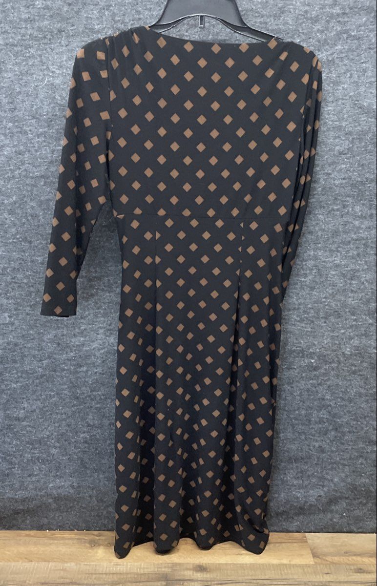 Lauren Ralph Lauren Women's Black Brown Diamond Print Ruched Faux Wrap Dress Sz2