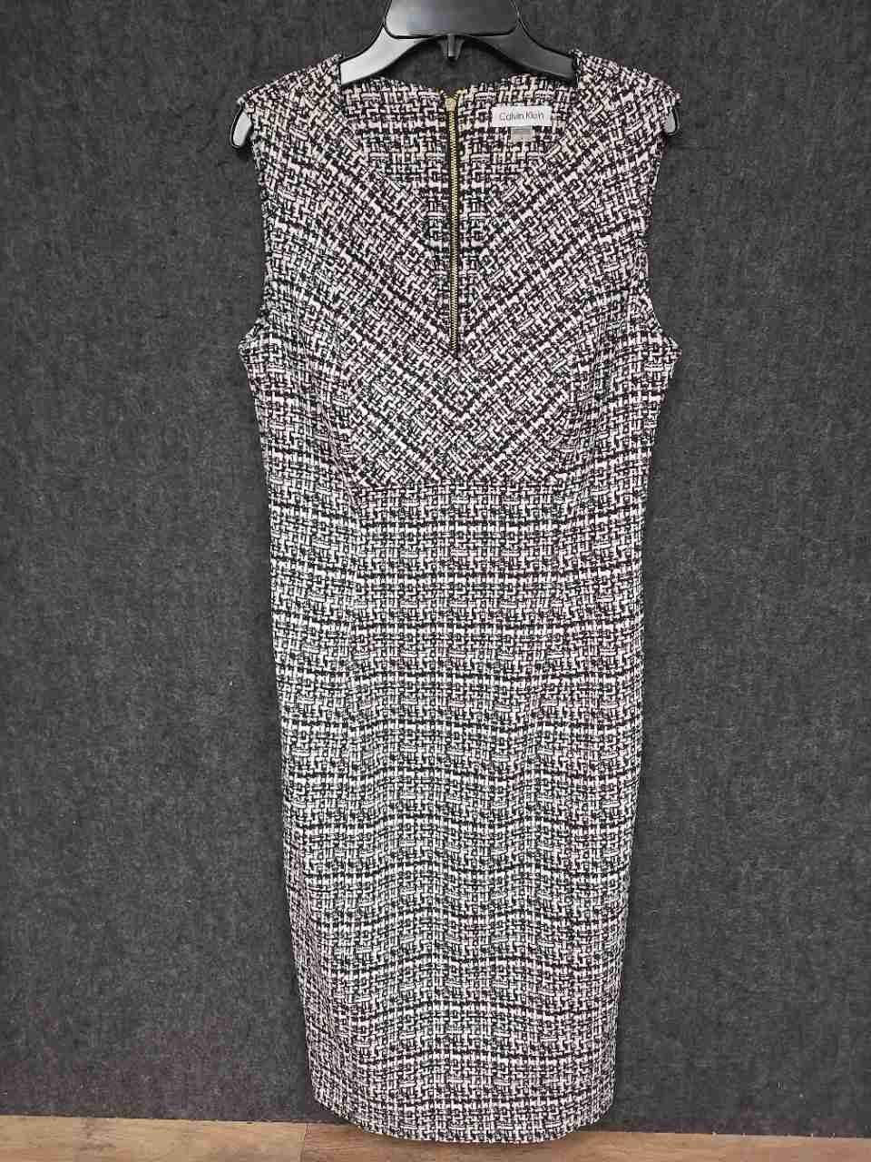 Calvin Klein Women's Black White Sleeveless Tweed V-Neck Sheath Dress Sz 6