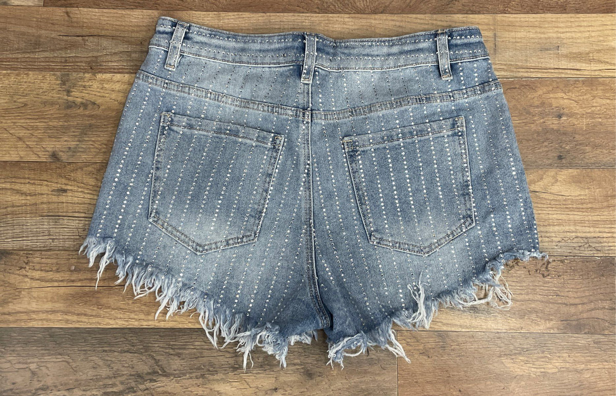 Akira Women's Medium Blue Rhinestone Frayed Denim Shorts Sz L NWT