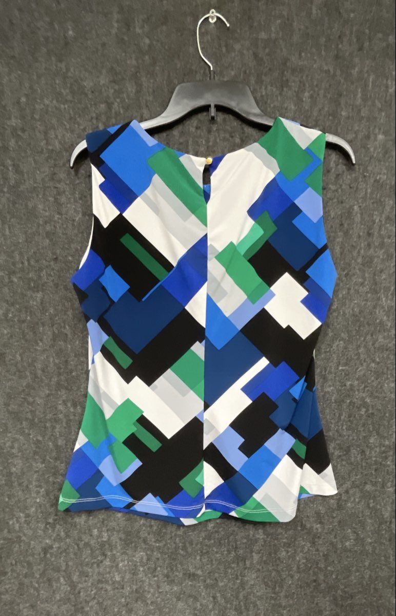 Calvin Klein Women's Multicolor Geometric Sleeveless Keyhole Blouse Top Sz L