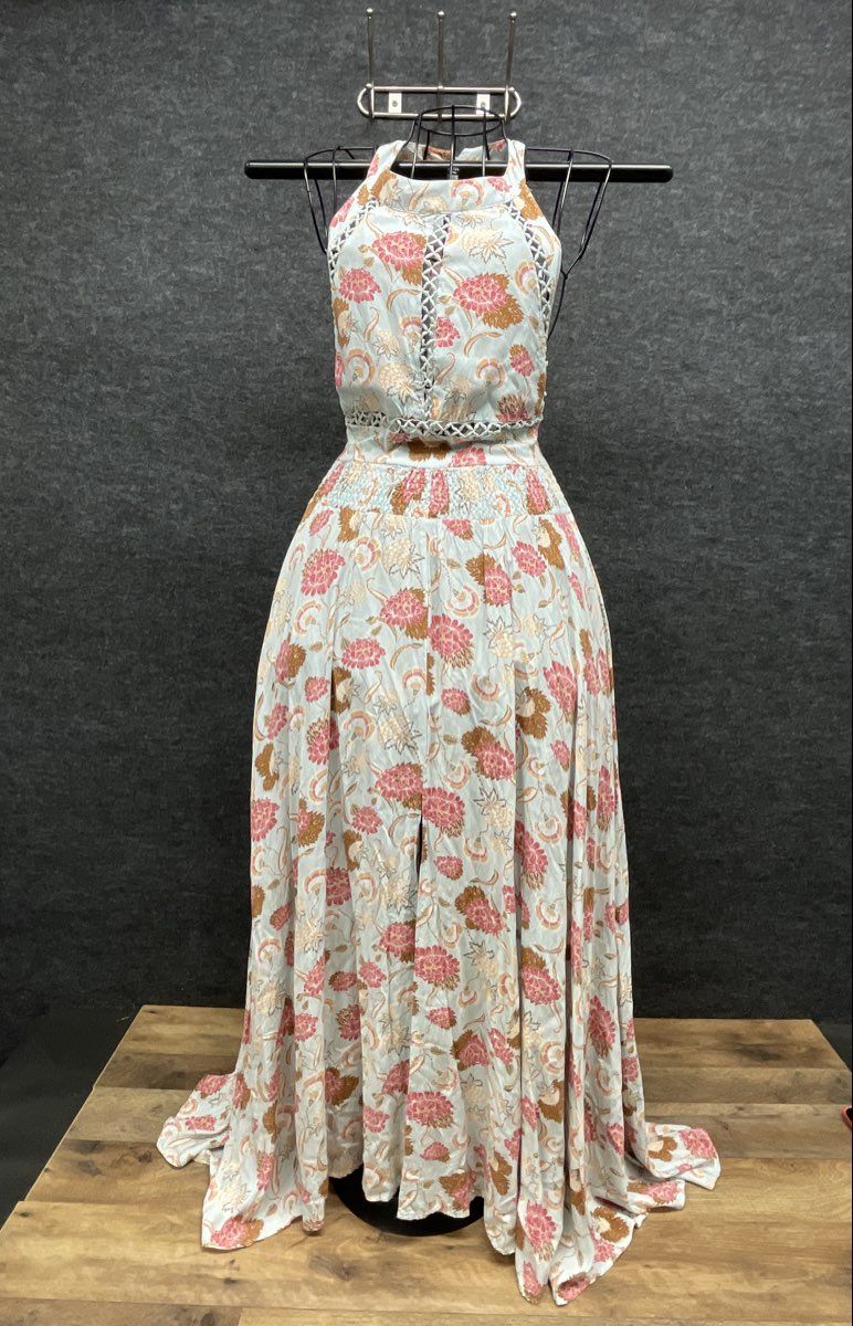 Women's Floral Halter Maxi Dress Blue Pink Crochet Trim Smocked Waist Tie Back