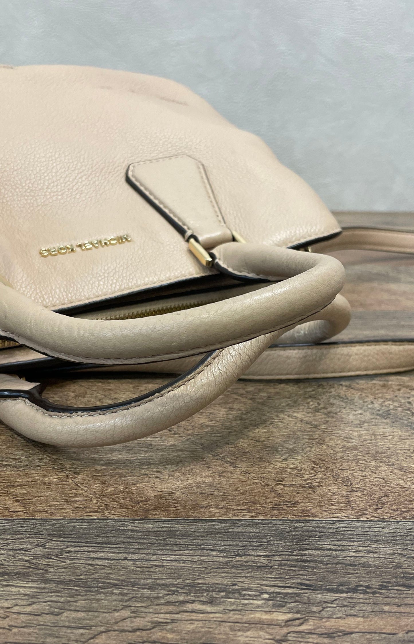 Michael Kors Beige Pebbled Leather Medium Camille Satchel Bag Gold Hardware