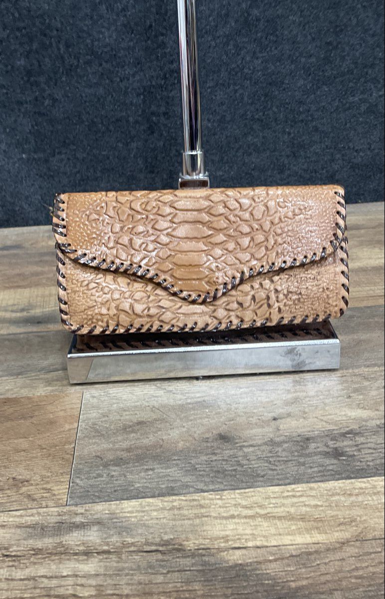 Vintage Tan Tooled Leather Mandala Floral Whipstitch Clutch Wallet