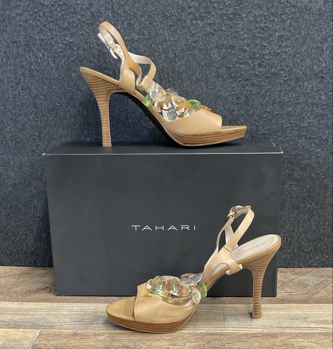 Tahari Treble Women's Tan Leather Gem Embellished Slingback Heels Size 9M