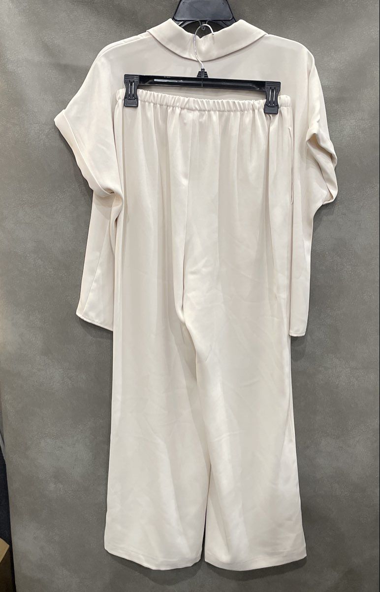 Melloday Women's Ivory 2 Piece Set V-Neck Short Sleeve Top Wide Leg Pants Sz M