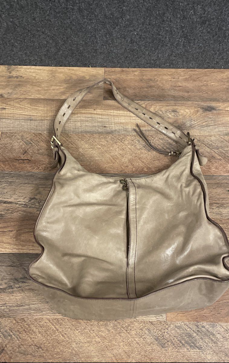 HOBO Taupe Beige Leather Slouchy Shoulder Bag Brass Hardware