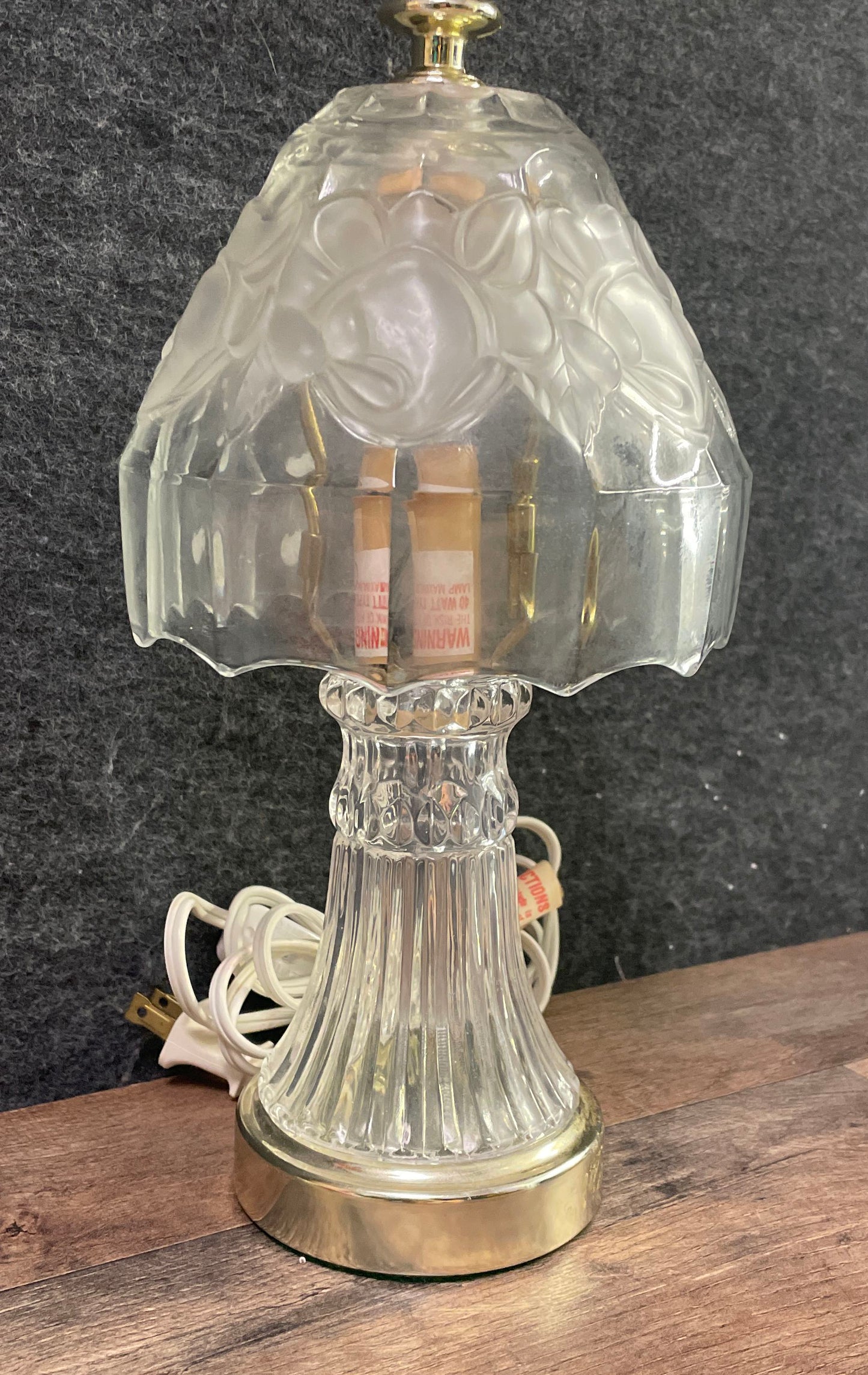 Vintage Pressed Glass Table Lamp Frosted Floral Shade Brass Accent Boudoir
