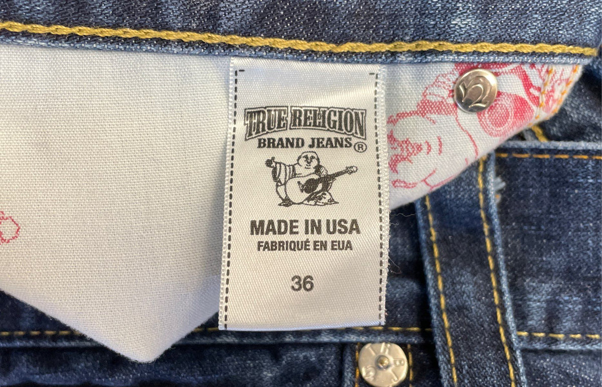 True Religion Men's Indigo Cutoff Denim Shorts Horseshoe Flap Pockets Sz 36