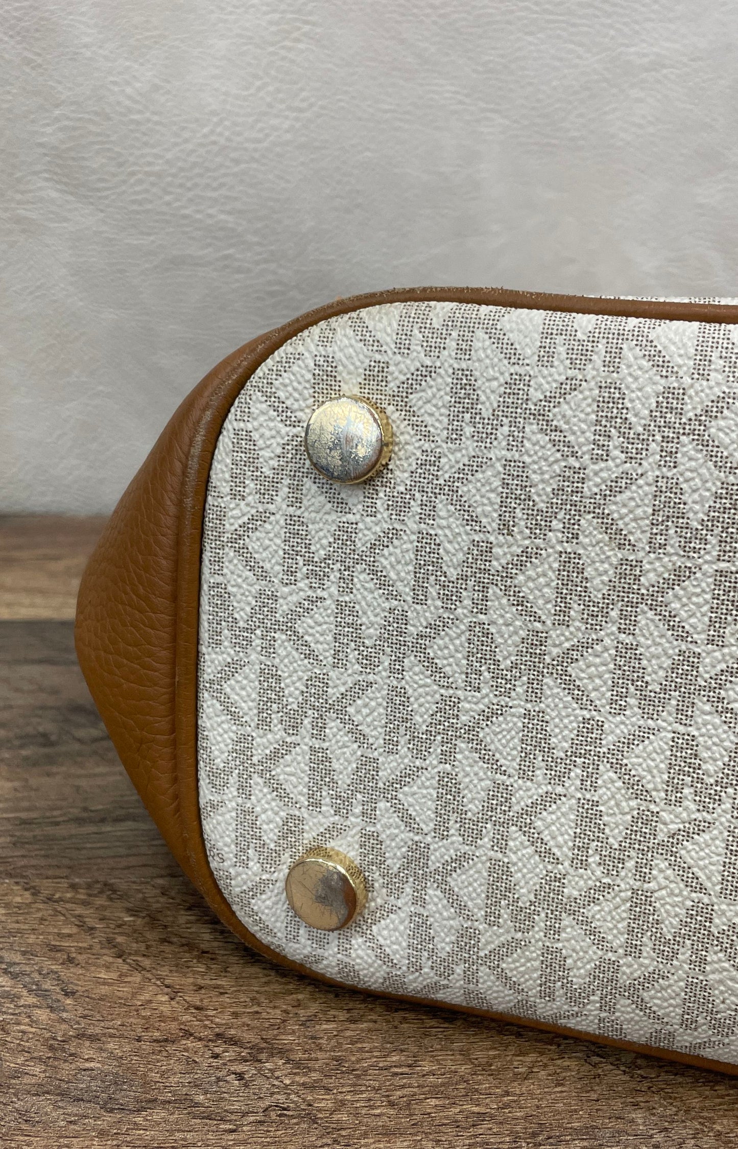 Michael Kors Brown White Monogram Signature Canvas Tote Bag Gold Hardware