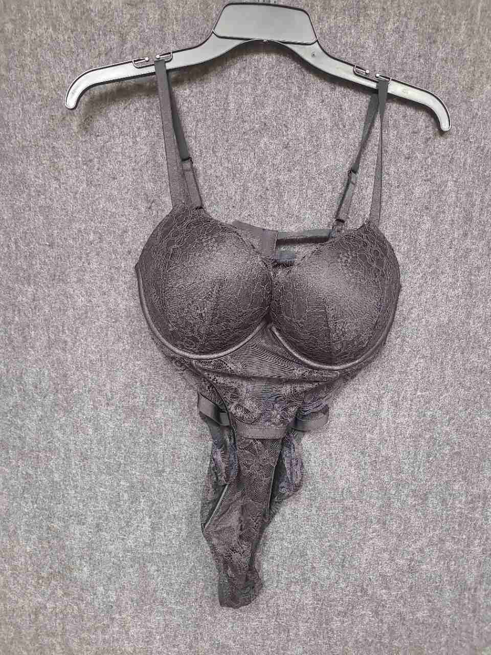 Victoria's Secret Women's Lace Underwire Teddy Bodysuit One Piece Charcoal Sz L