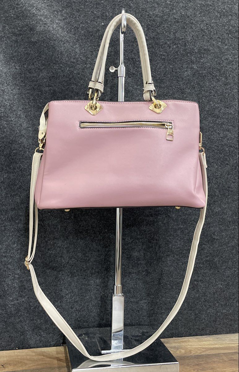 Pink and White Leather Satchel Handbag Crossbody Bag Gold Tone Heart Charm