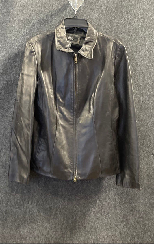 Alfani Women's Black Genuine Leather Full Zip Jacket Zipper Cuffs Sz L