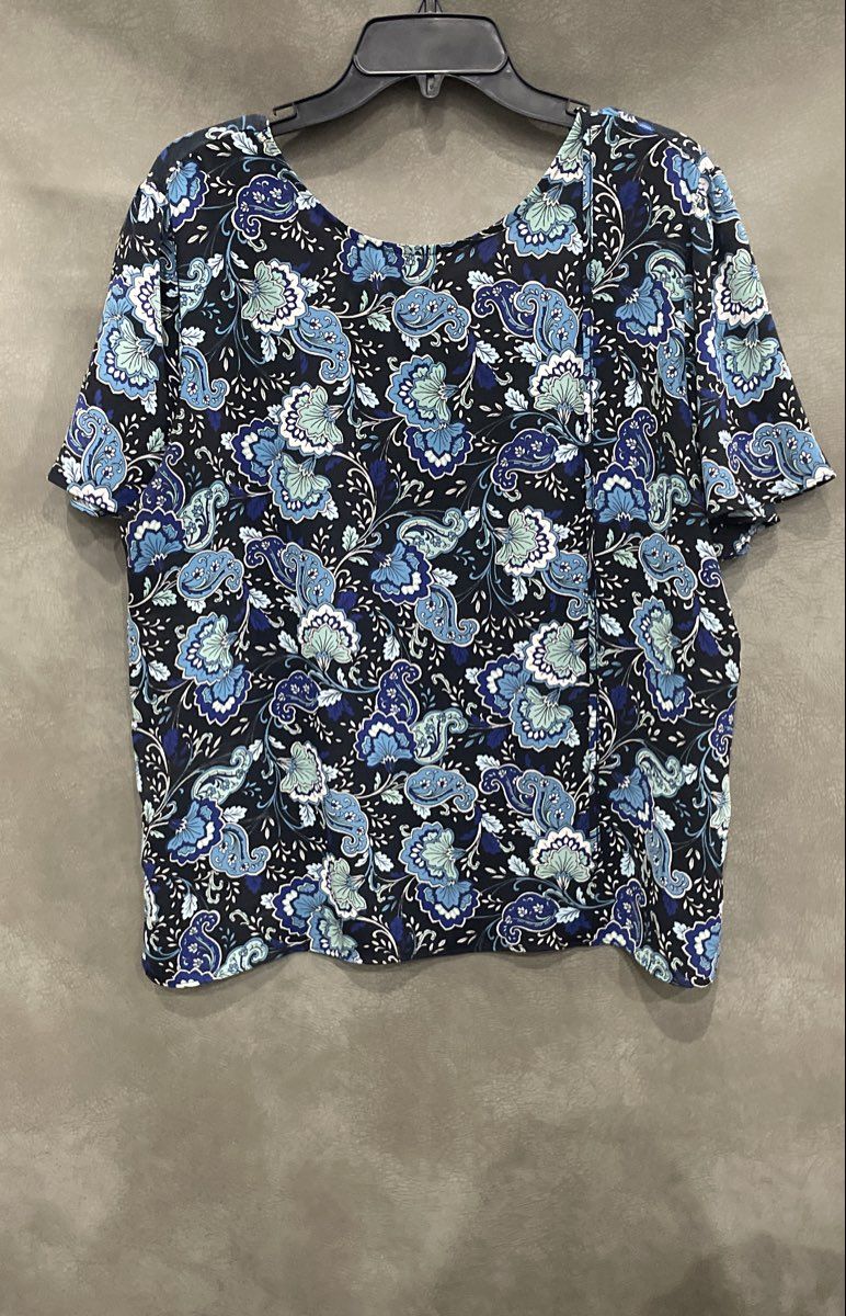 LOFT Women's Blue Paisley Short Sleeve Mixed Media Blouse Sz L
