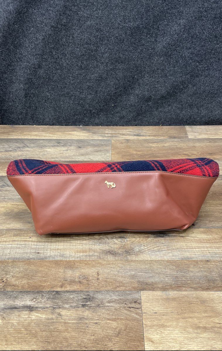 Emma Fox Red Navy Plaid Wool Tote Bag Brown Leather Base Gold Hardware