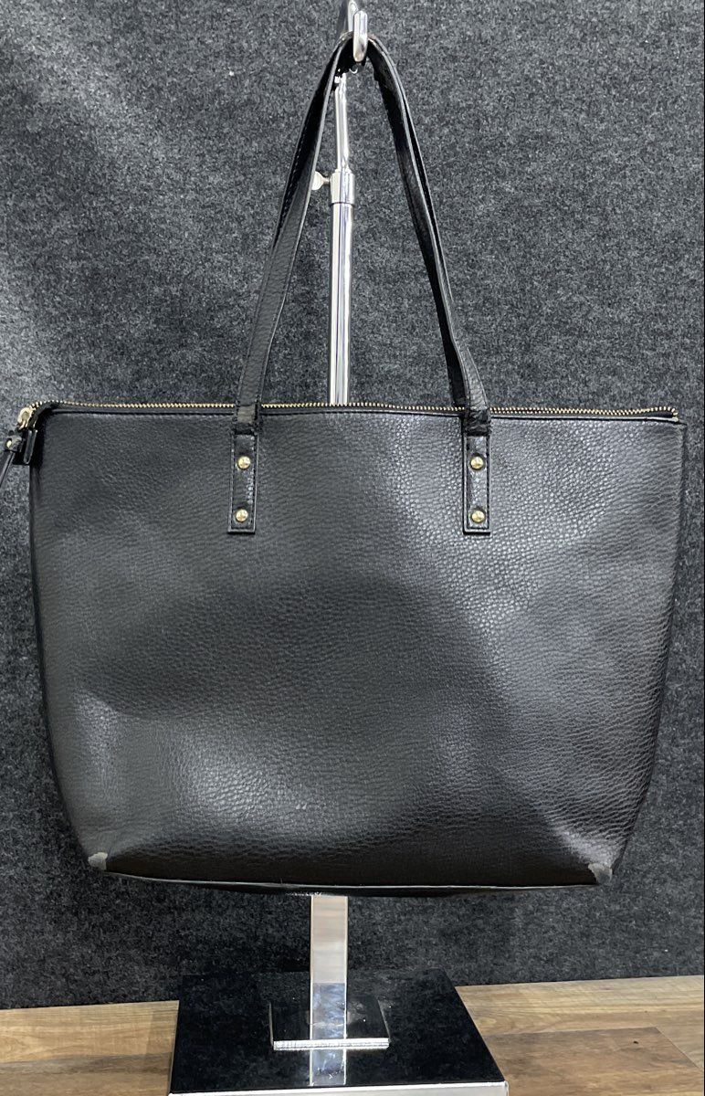 Anne Klein Black Pebbled Leather Large Zip Top Tote Bag Gold Hardware