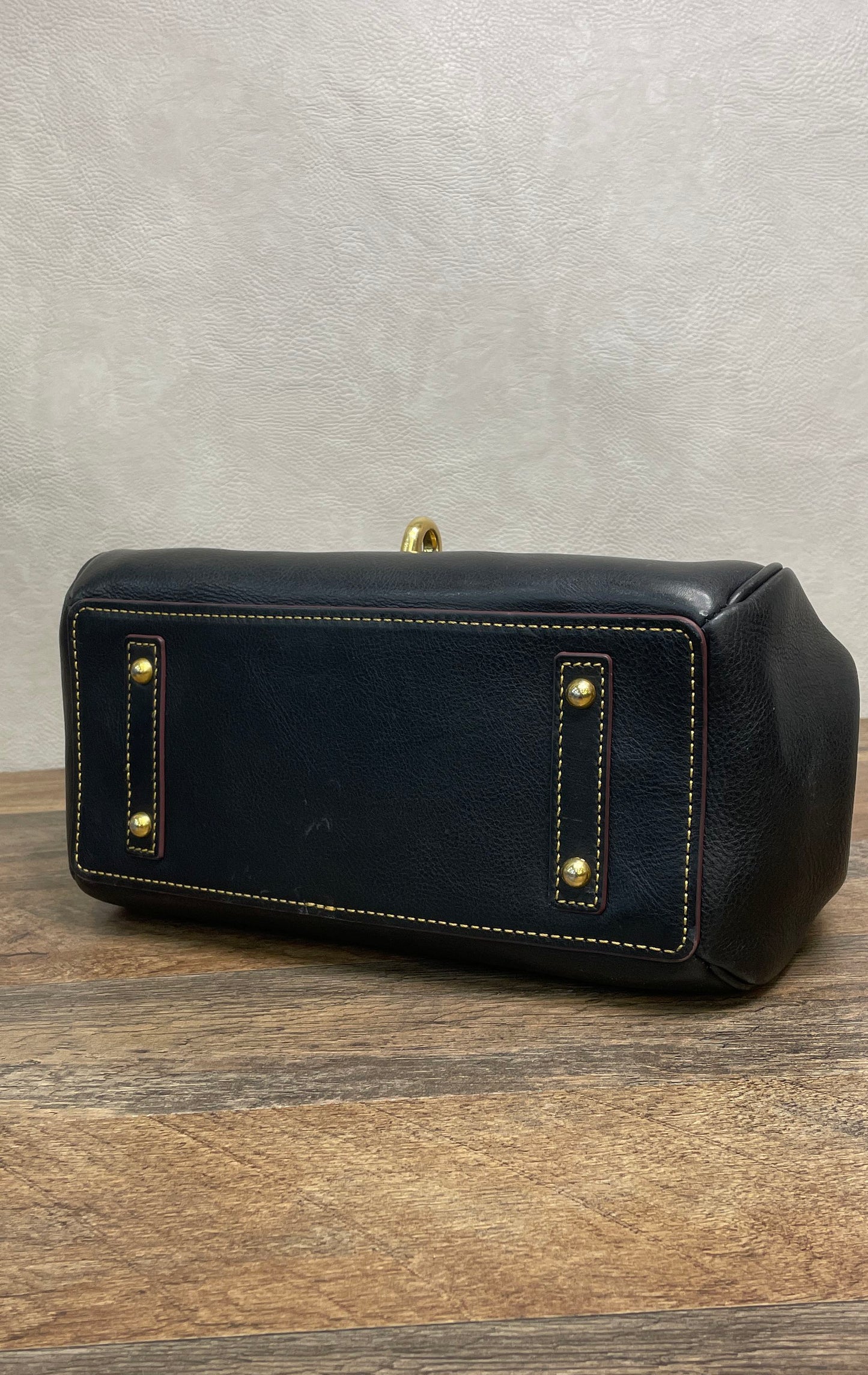 Dooney & Bourke Black Pebbled Leather Satchel Bag Brass Hardware Red Lining