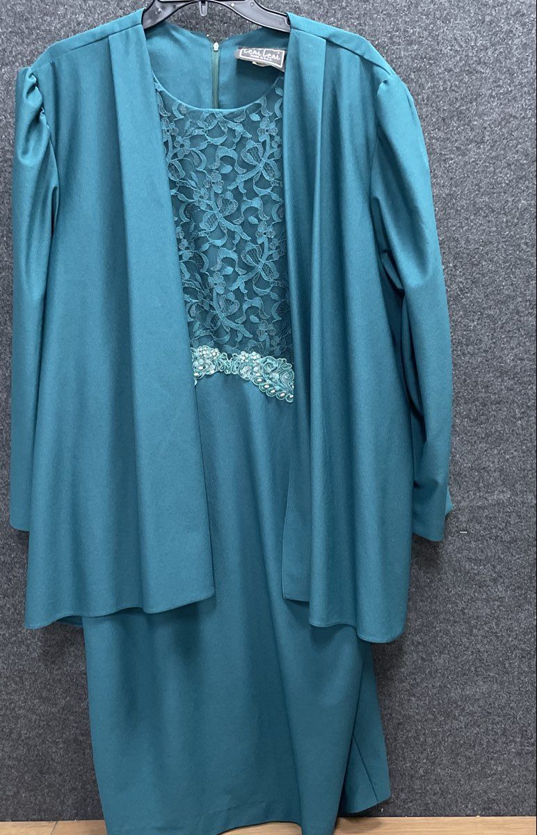 Vintage 90s Leni Leni Teal 2-Piece Lace Jacket Dress Set Made in USA Sz 16
