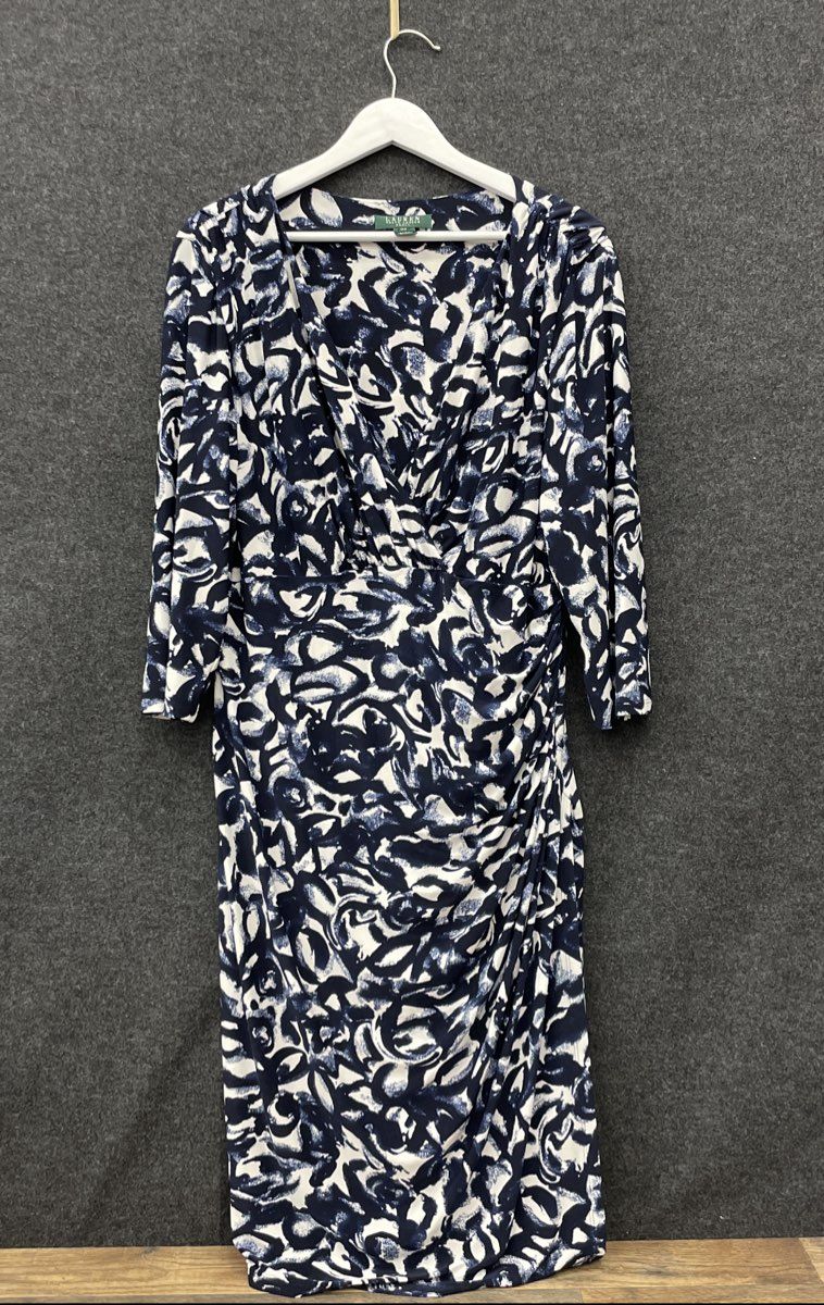 Lauren Ralph Lauren Women's Navy White Empire Print V-Neck Ruched Dress Sz 16W