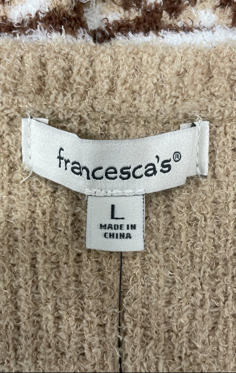 Francesca's Women's Taupe Beige Fair Isle Fuzzy V-Neck Sweater NWT Size L