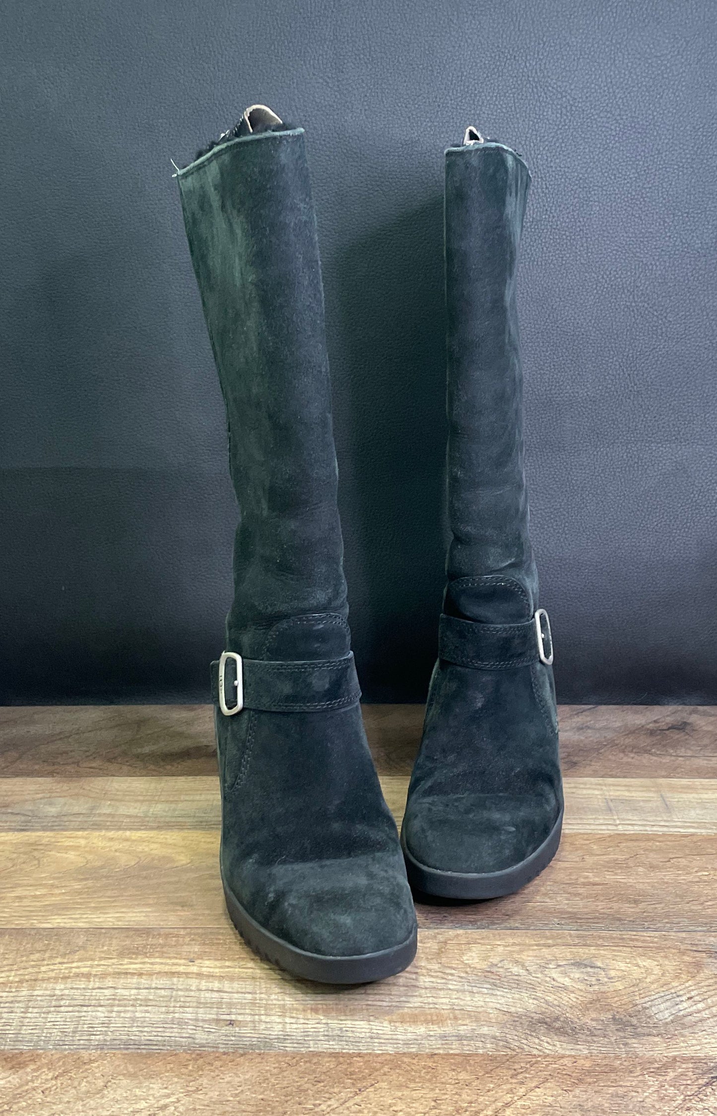 UGG Australia Seline Black Suede Tall Wedge Boots Women's Size 8