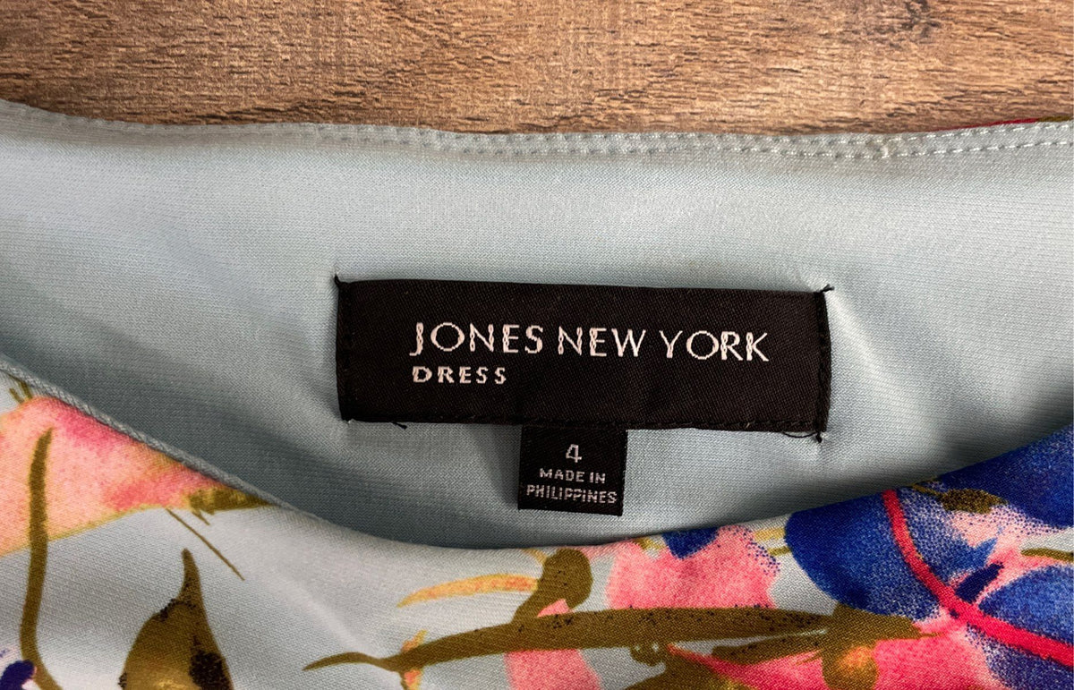 Jones New York Women's Floral Ruched Side Sheath Dress Blue Pink Sz 4