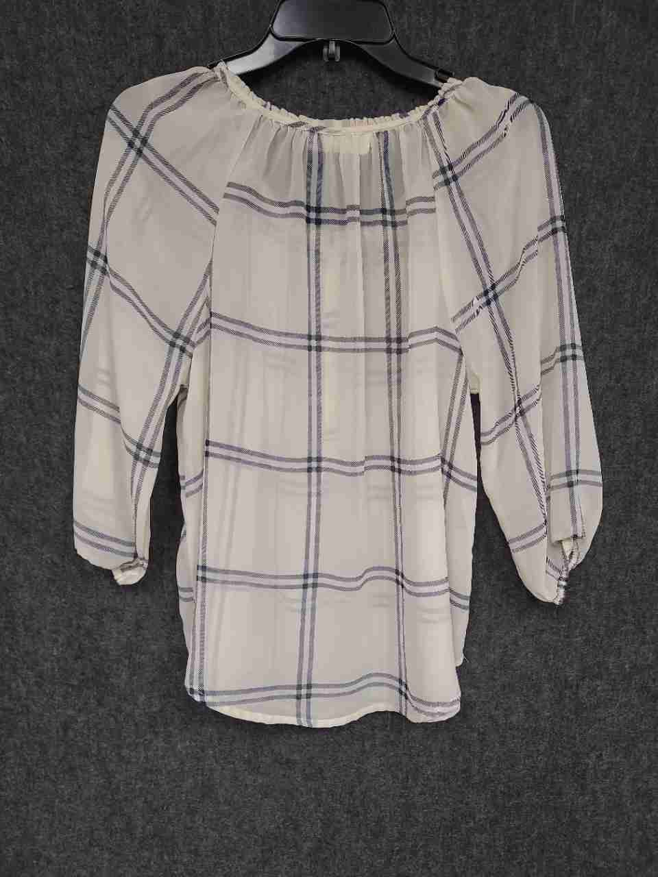 Abercrombie & Fitch Women's White Blue Plaid Sheer Henley Blouse Sz L