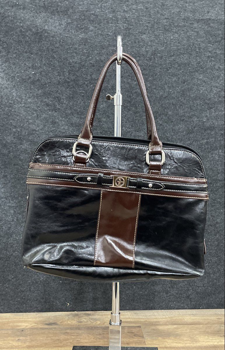 Giani Bernini Black and Brown Faux Leather Satchel Bag Silver Tone Hardware