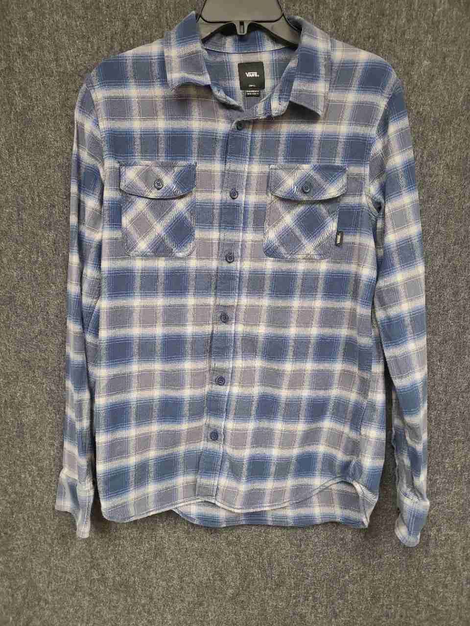 Vans Men's Blue Gray Plaid Flannel Long Sleeve Tailored Fit Button Up Shirt Sz S