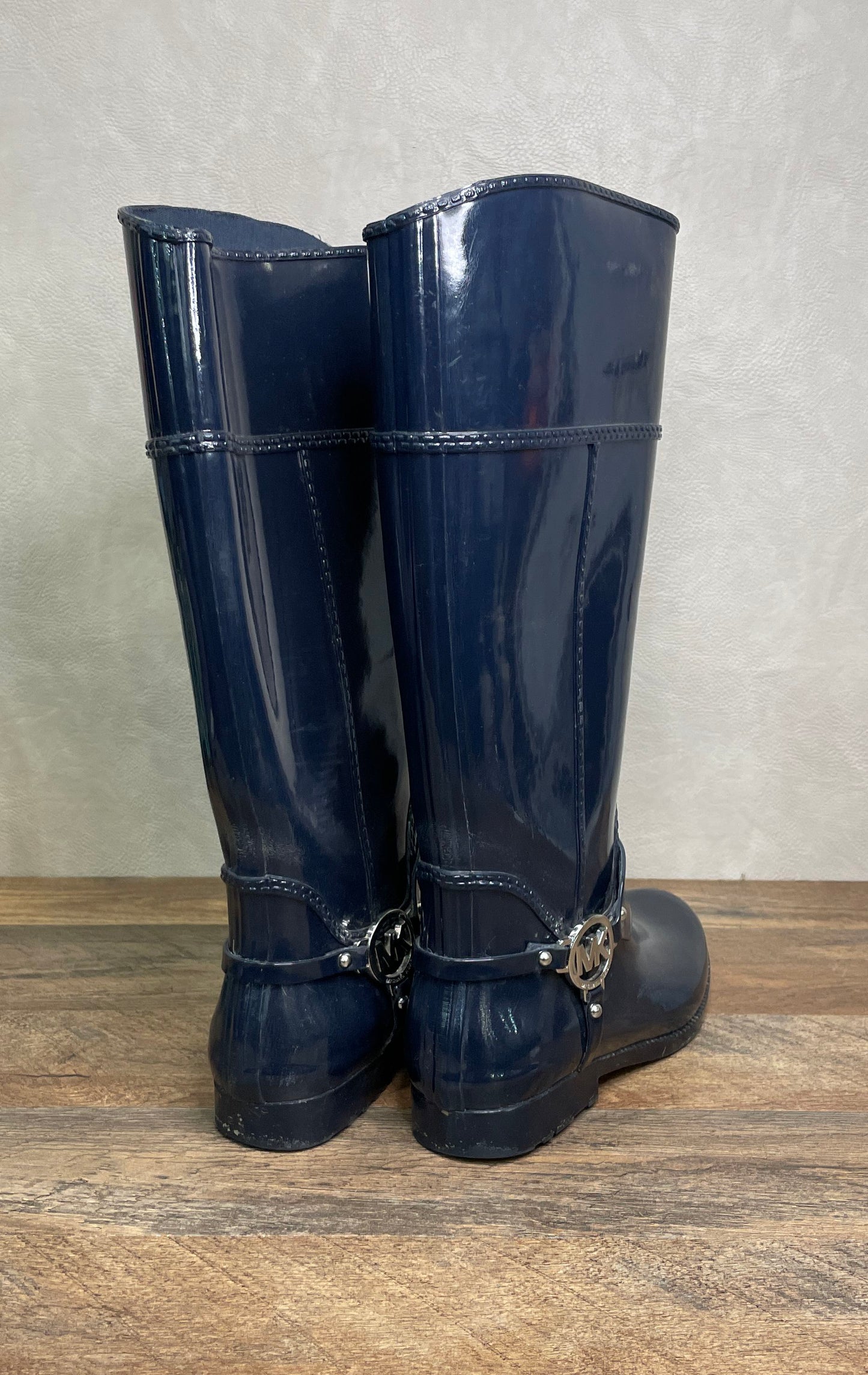 Michael Kors Navy Blue Glossy Rubber Harness Tall Rain Boots Women's Size 8