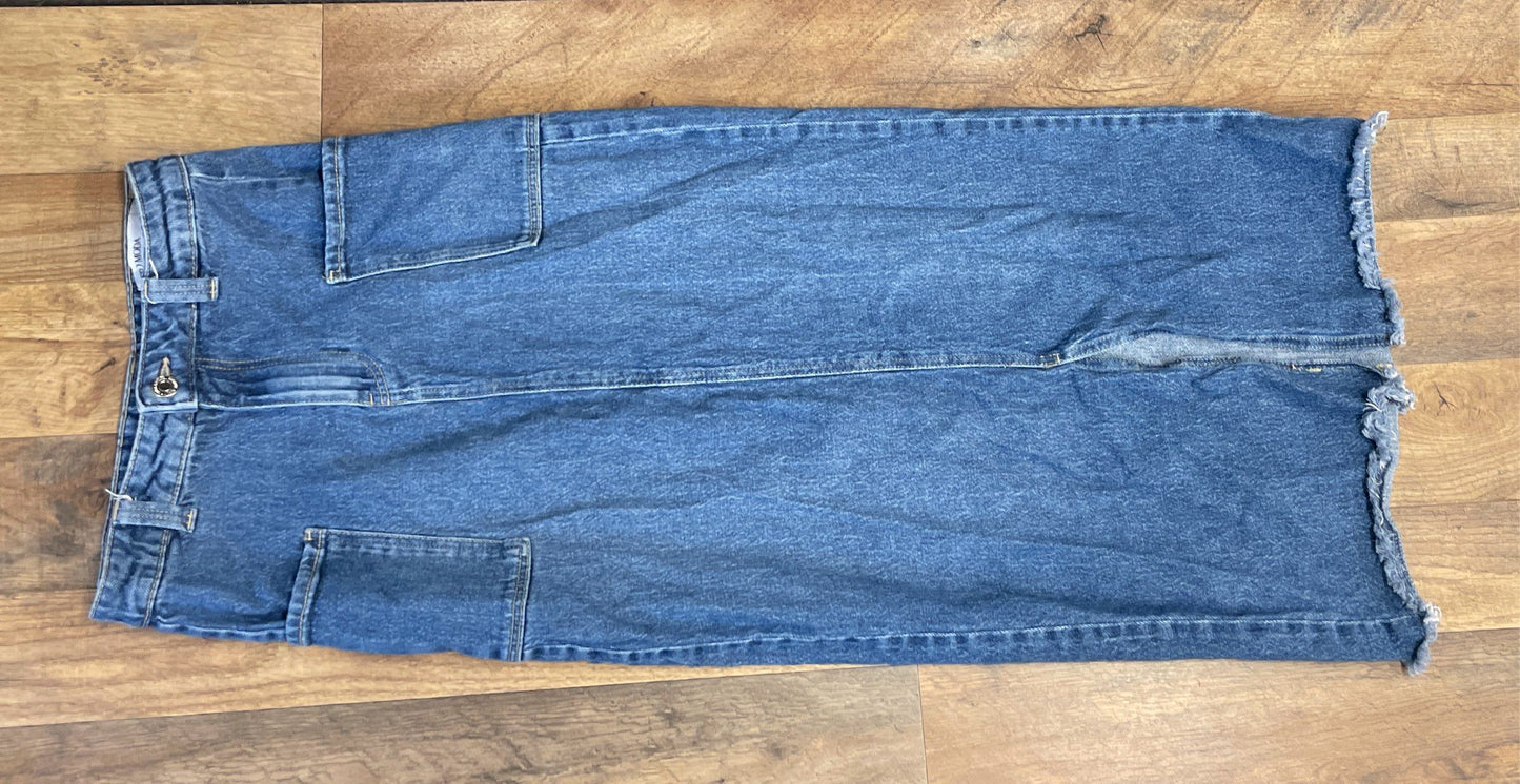 Vero Moda Women's Blue High Waist Denim Maxi Skirt Patch Pockets Frayed Hem XS