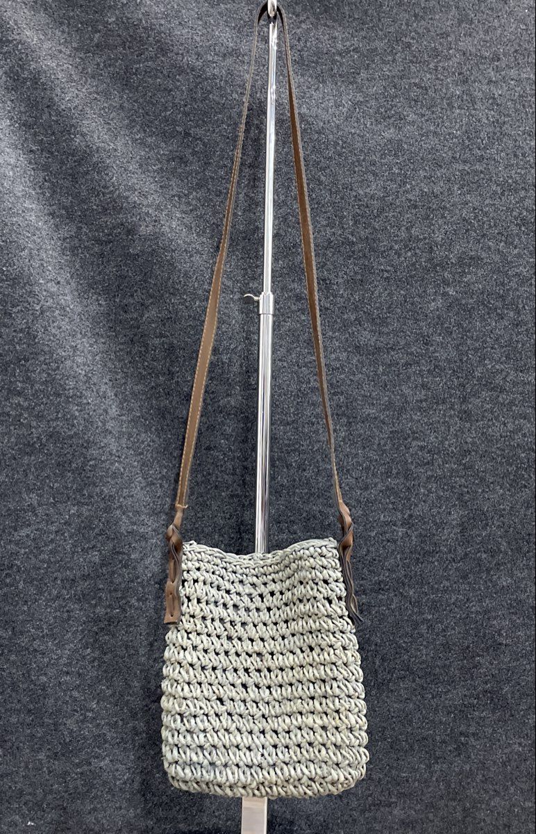 Grey Woven Crochet Mini Crossbody Bag Brown Faux Leather Strap Small