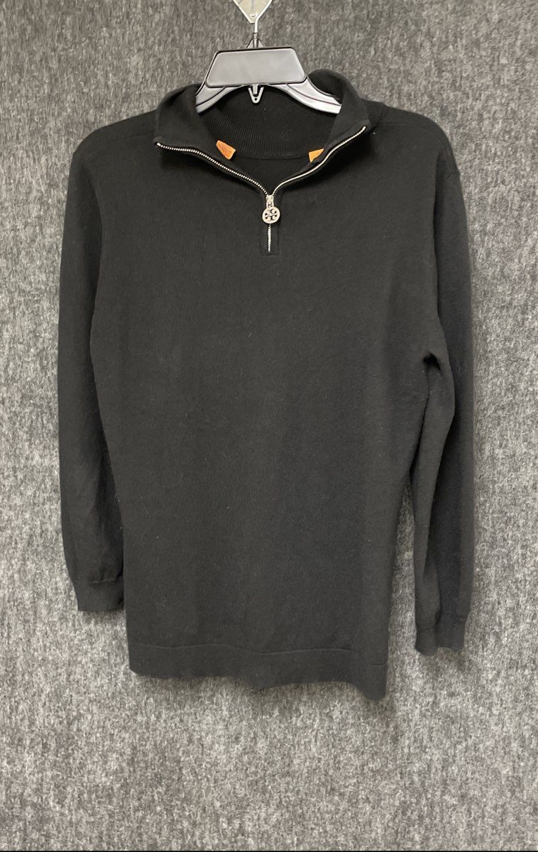 Tory Burch Women's Black Cotton Cashmere 1/4 Zip Mock Neck Sweater Sz L