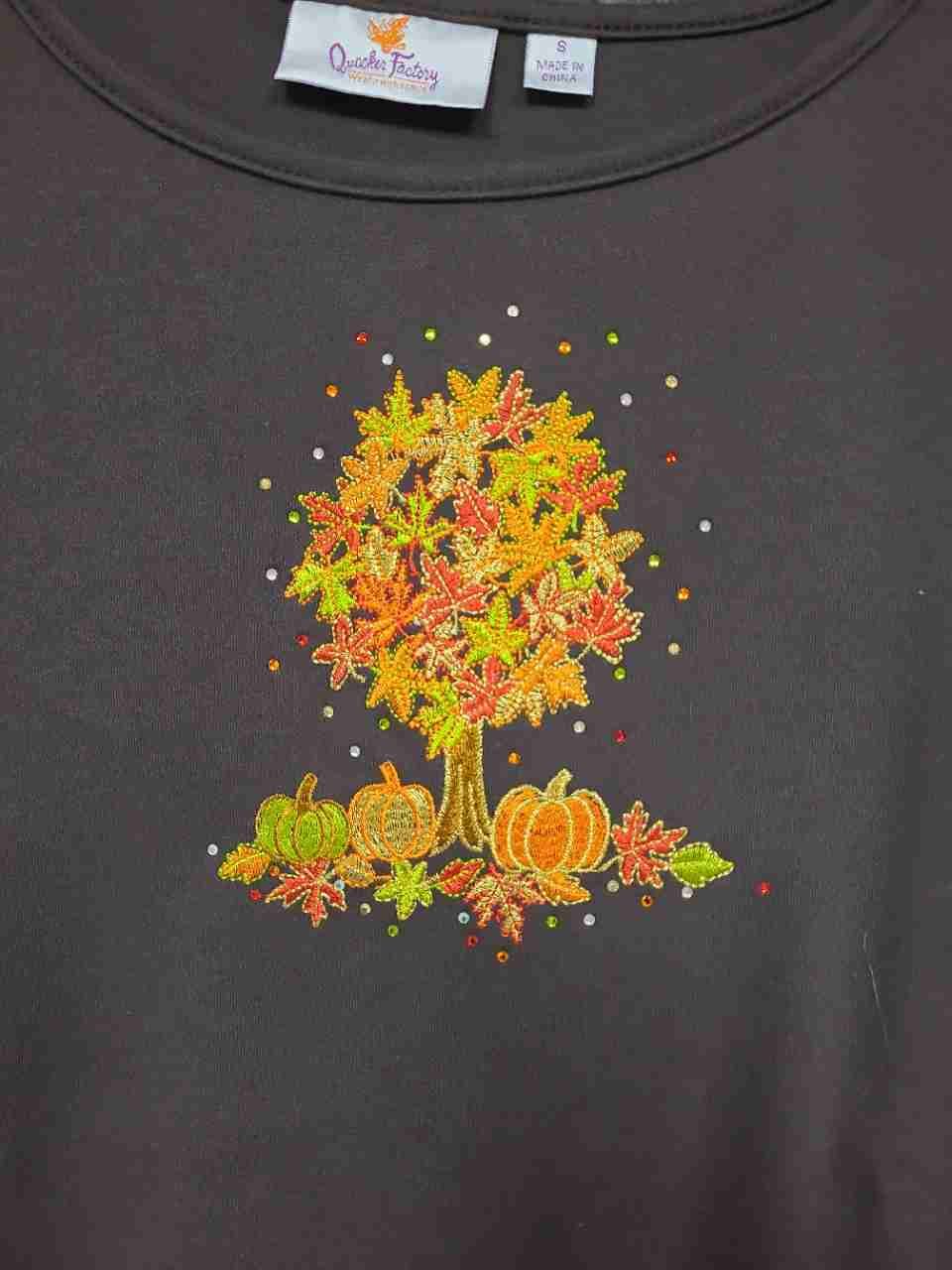 Quacker Factory Women's Brown Autumn Harvest Pumpkin Rhinestone Jacket Tee Sz S