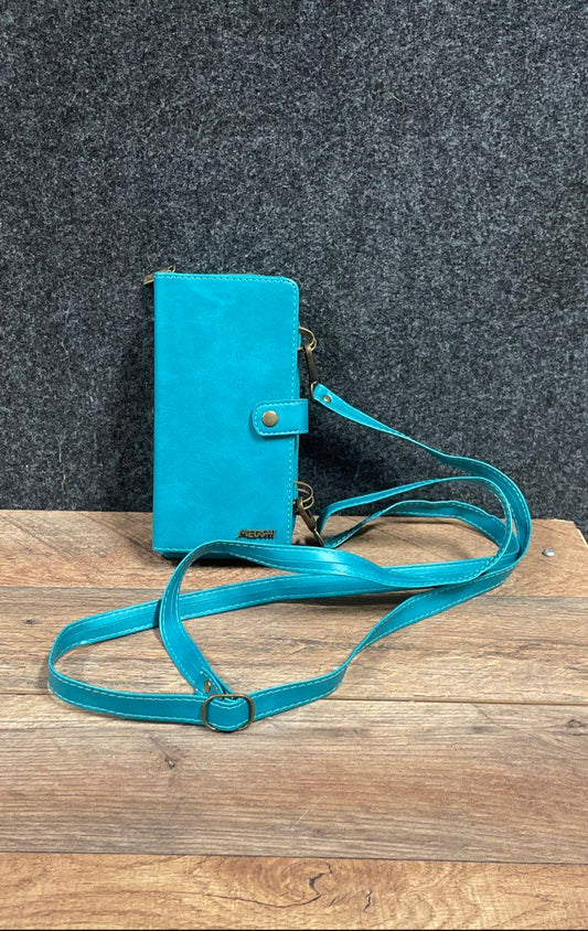 Megshi Crossbody Wallet Phone Case Teal Blue Vegan Leather Travel Organizer