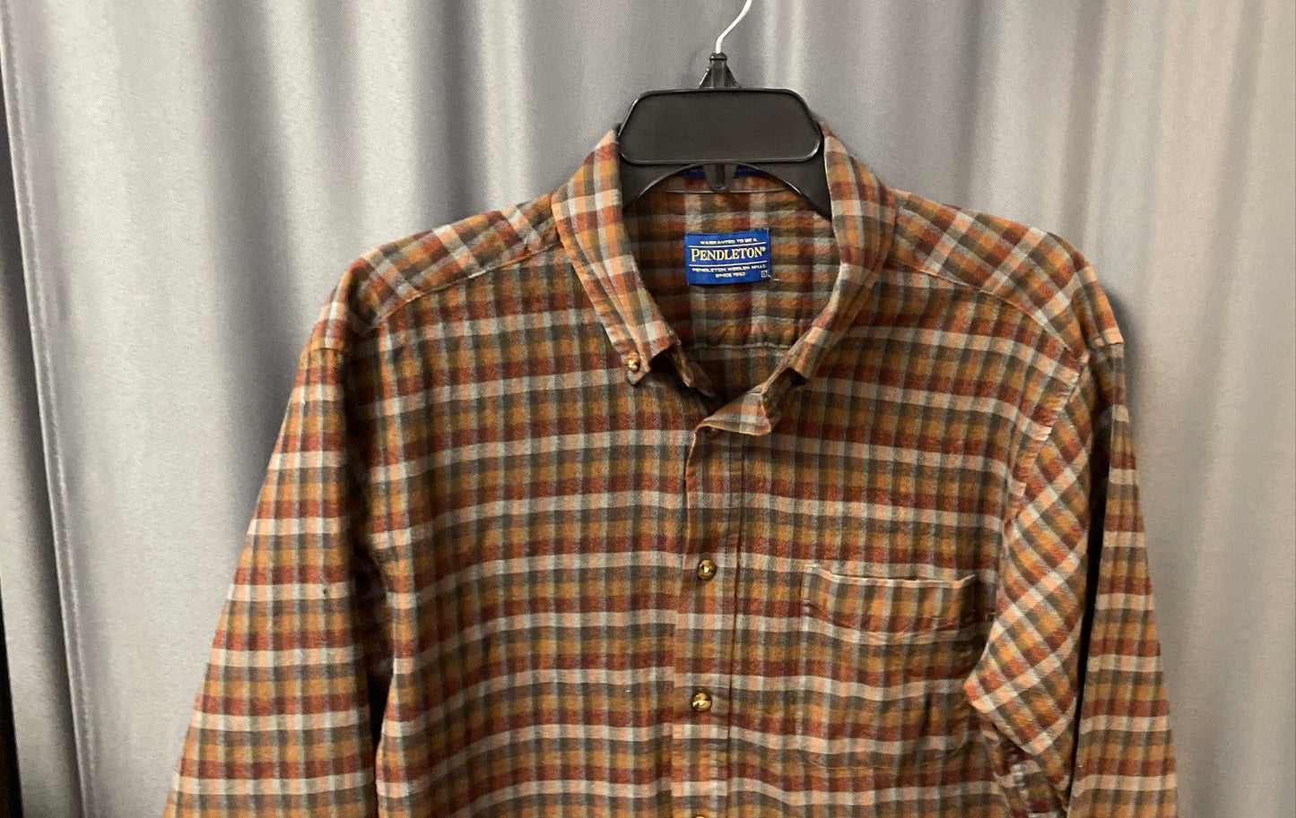 Pendleton Men's Brown Blue Plaid 100% Wool Button Down Shirt Sz L