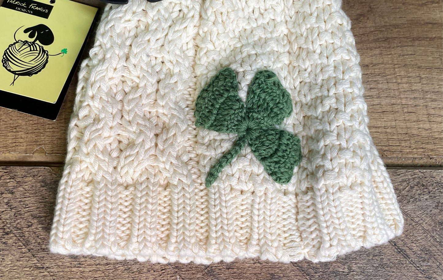 Patrick Francis Kids' Cream Shamrock Cable Knit Pom Pom Winter Hat NWT Sz 1/3