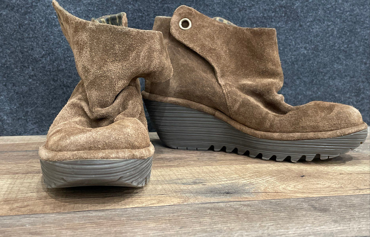 Fly London Yaz Brown Suede Wedge Ankle Boots Women's Size 10