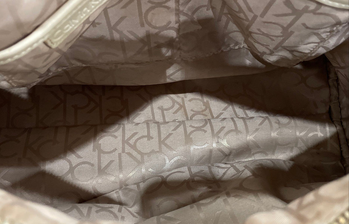 Calvin Klein Brown Monogram White Leather Satchel Handbag Gold Hardware