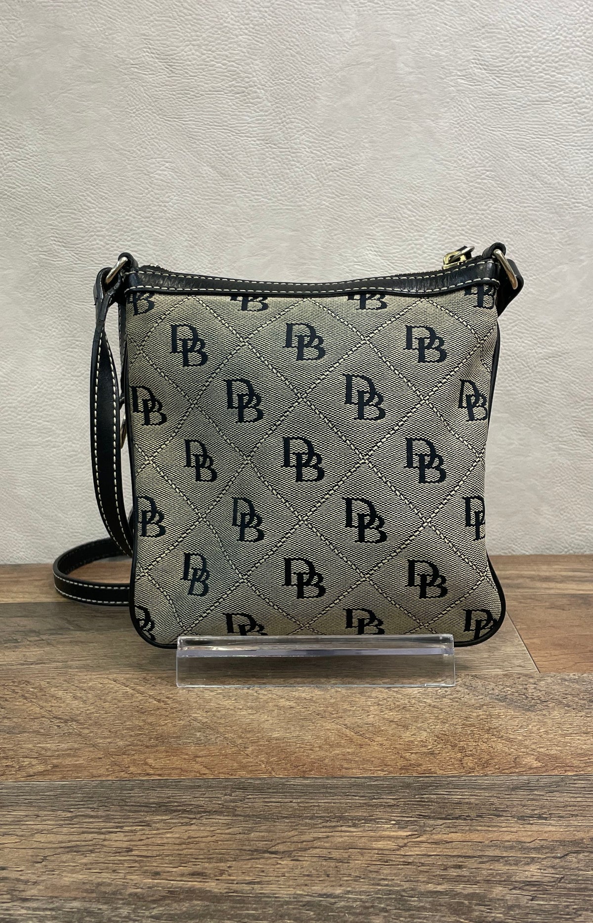 Dooney & Bourke Grey Monogram Canvas Crossbody Bag Black Leather Trim